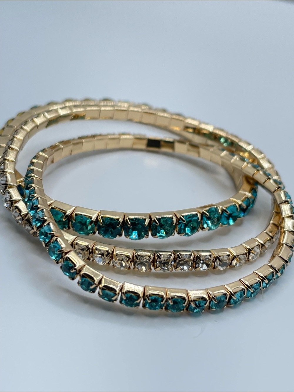 Gold Tone Blue Crystal Glass Stretch Bracelet Stack Set Sparkly Glam - Picture 4 of 6